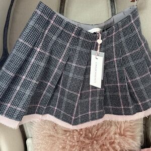 LoveShackFancy Rooney Wool Tweed Plaid Pleated Skirt Chiffon Grey 4 Small NWT